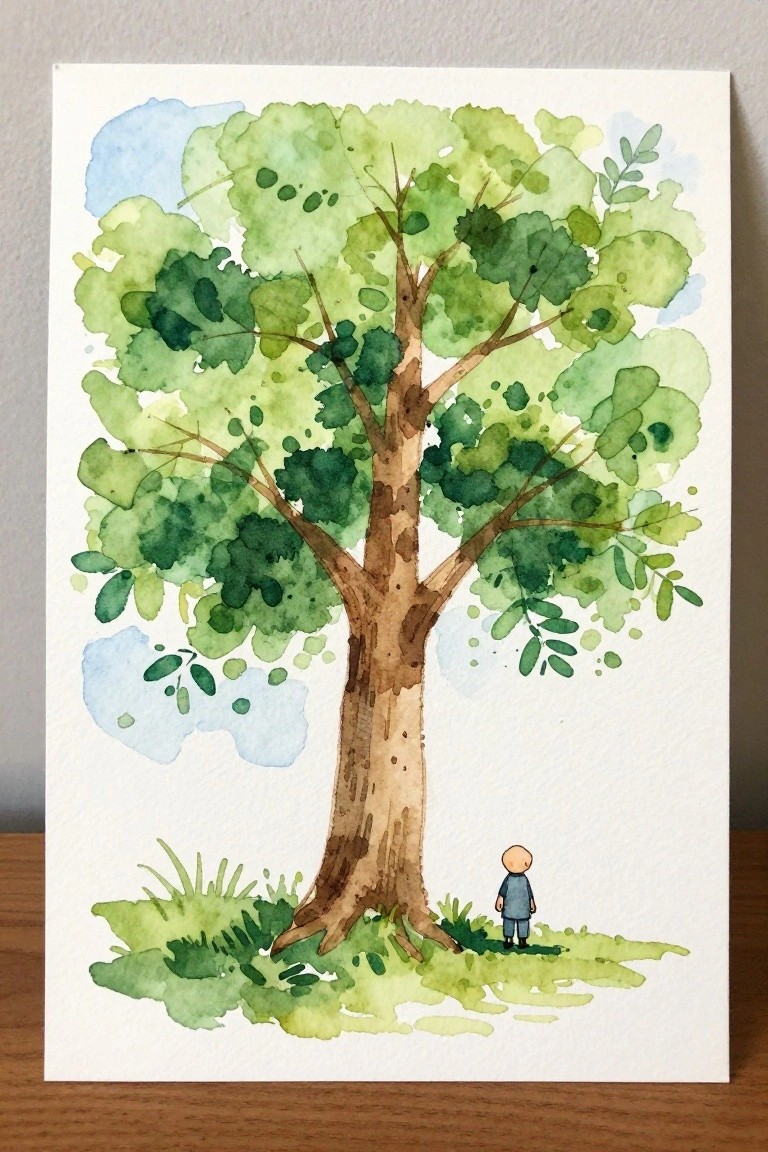 Watercolor of large green tree with brown trunk and small child in blue at base