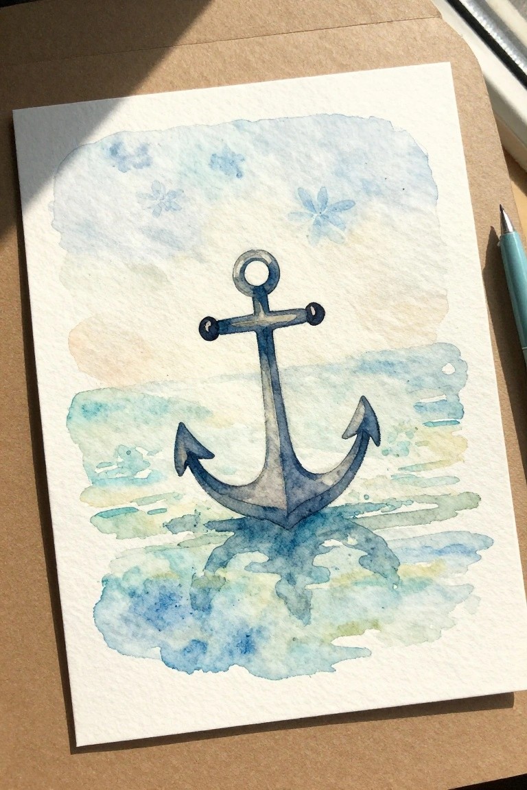 Watercolor painting of a dark blue anchor on white paper with blue washes