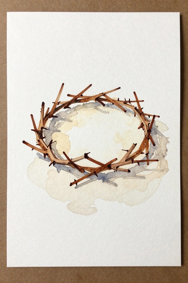 Watercolor painting of thorny brown branches forming a crown with blue washes