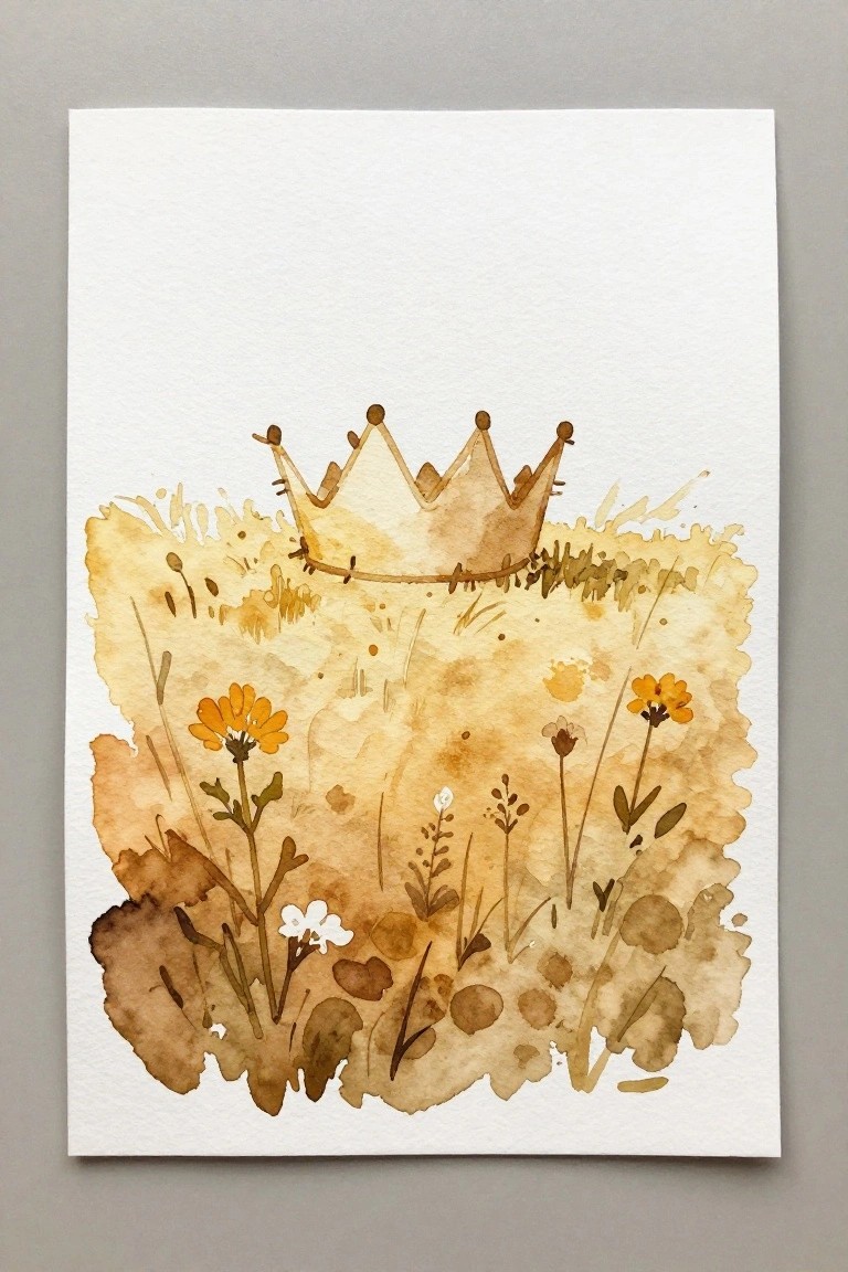 Watercolor crown above orange wildflowers in a brown grassy meadow with splatters