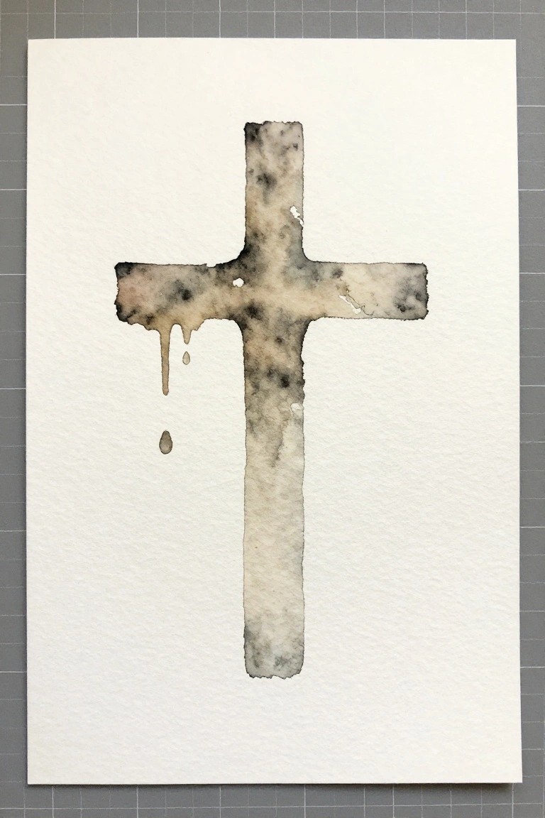 Watercolor cross in black and gray tones with dripping paint effects on white paper