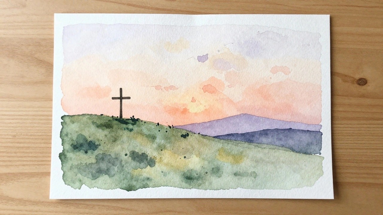 Watercolor landscape of a lone cross atop a grassy hill at colorful sunset