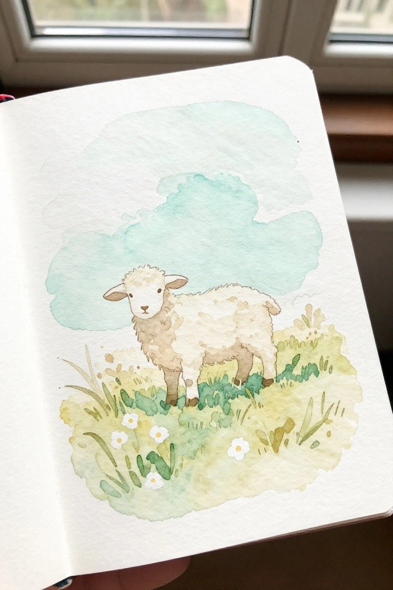 Watercolor painting of a white lamb in a grassy meadow with flowers in an open sketchbook