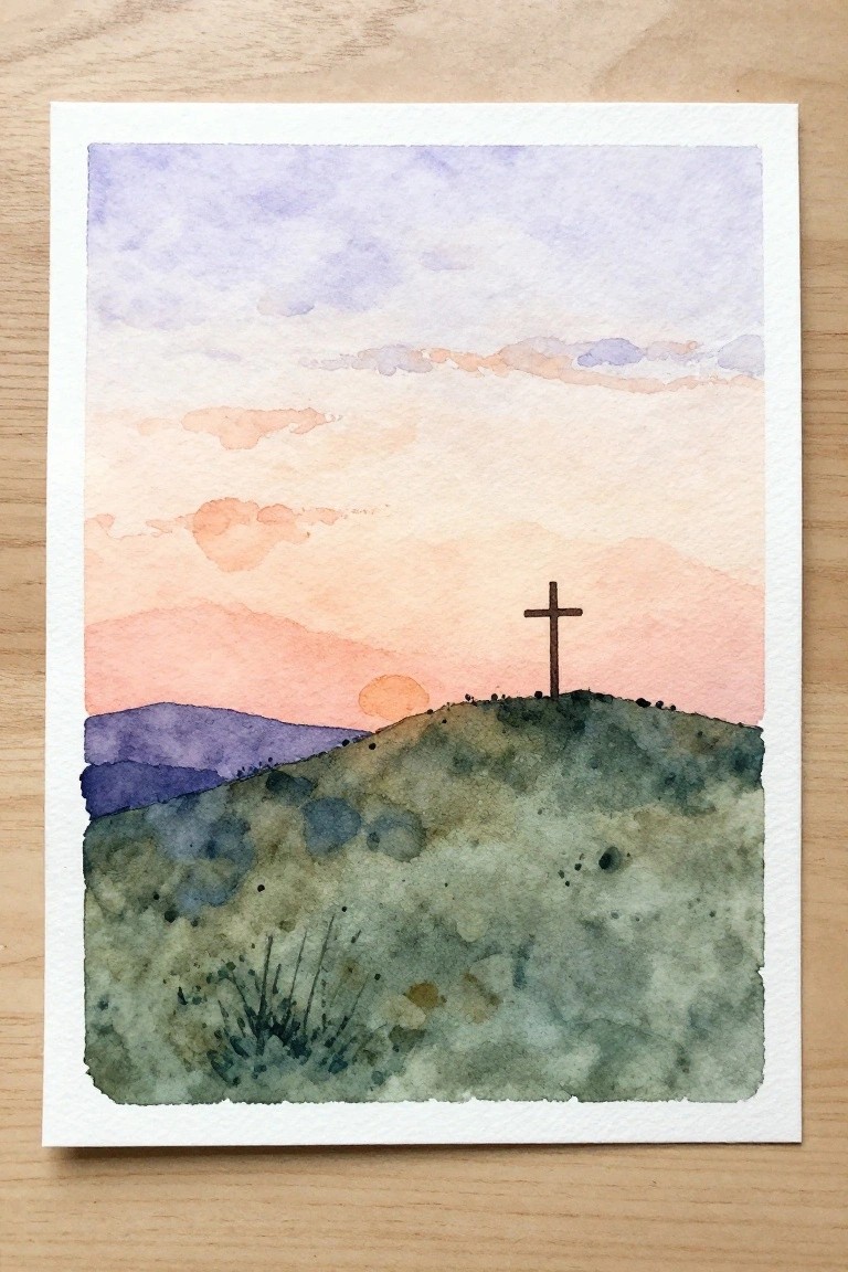 Watercolor landscape of a lone cross atop a grassy hill at colorful sunset