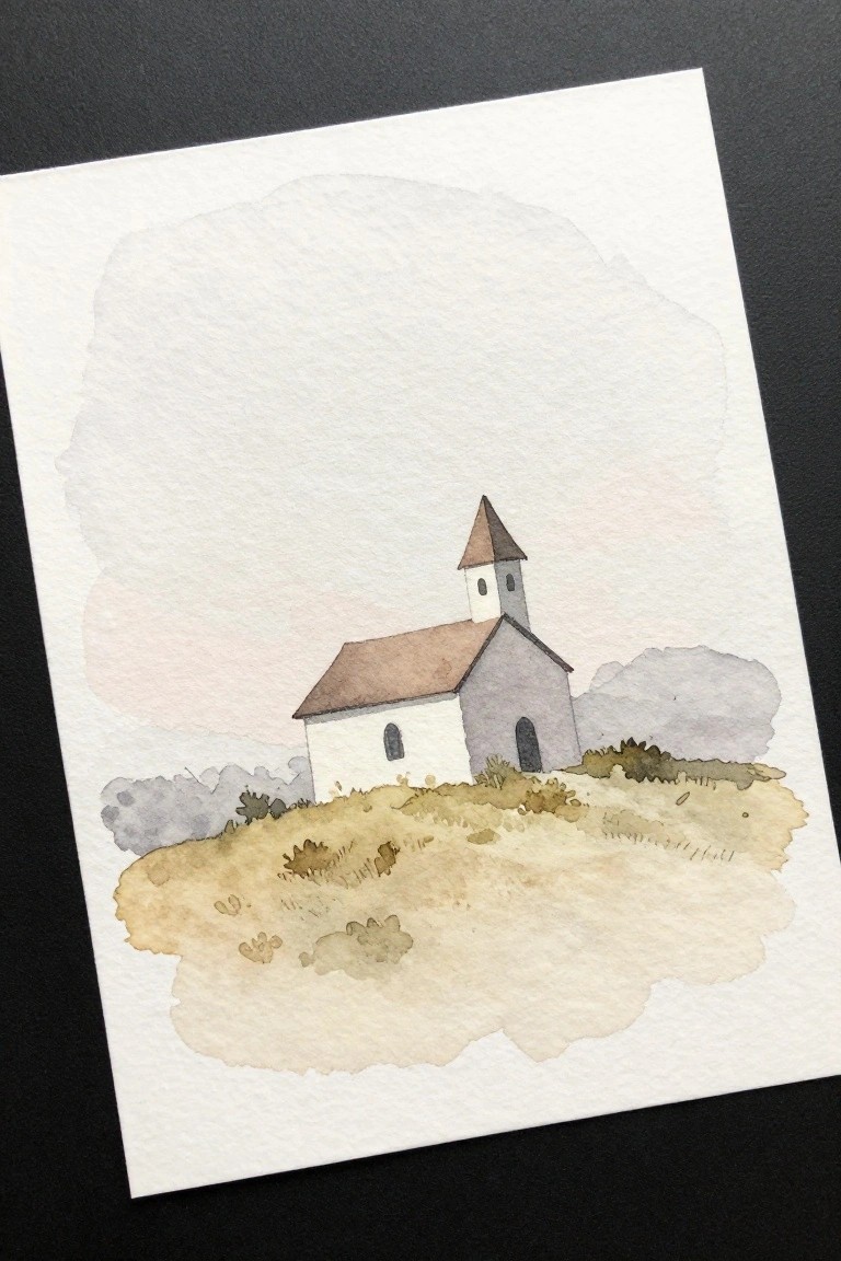 Watercolor of small white church with brown roof and steeple on grassy hill.