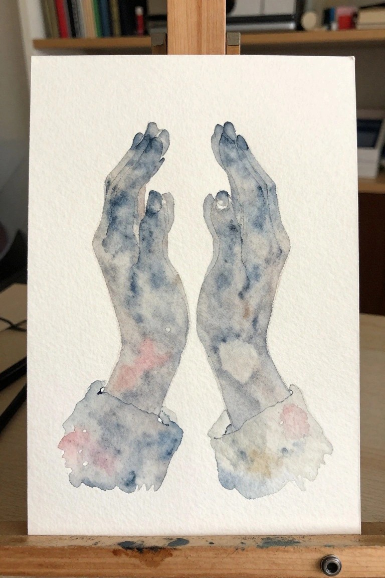 Watercolor painting on easel of two hands with blue and pink washes