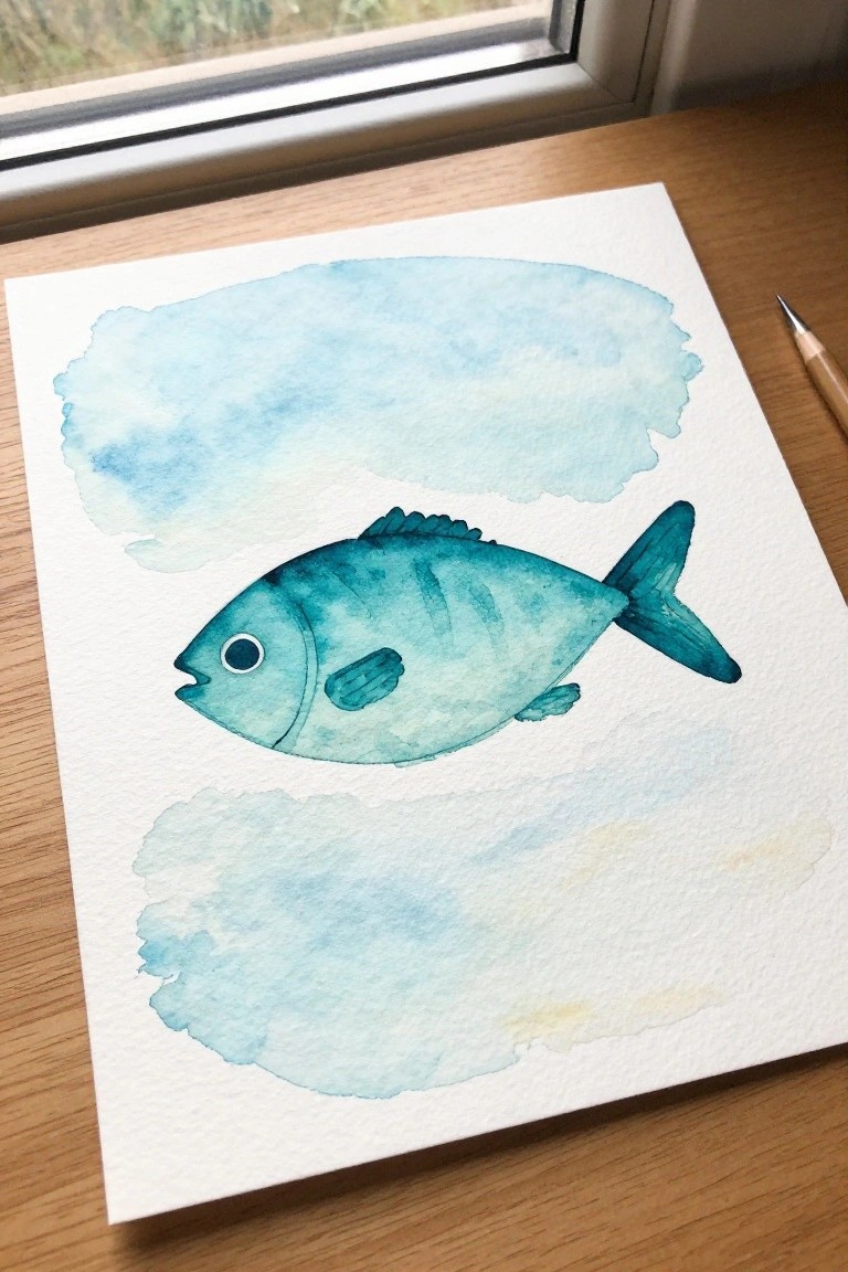 Blue-green watercolor fish on white paper with soft blue washes and paintbrush nearby