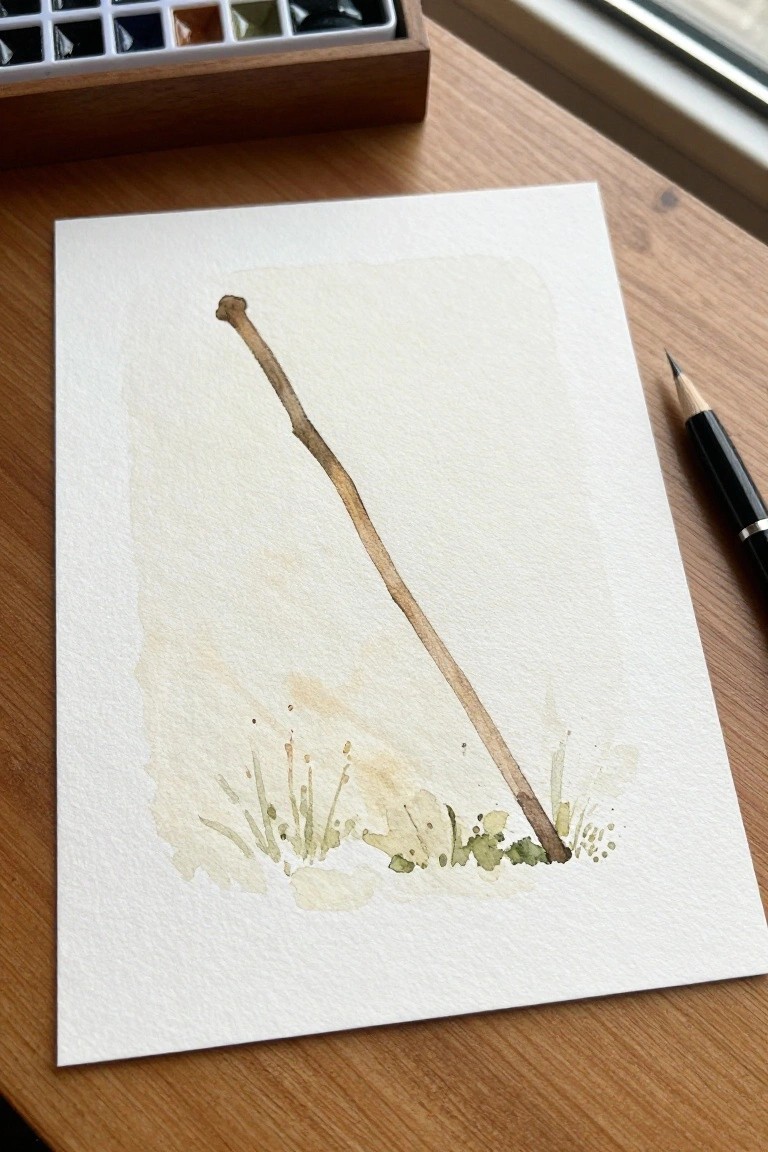 Watercolor of leaning brown stick and green grass on paper with palette and pencil nearby.
