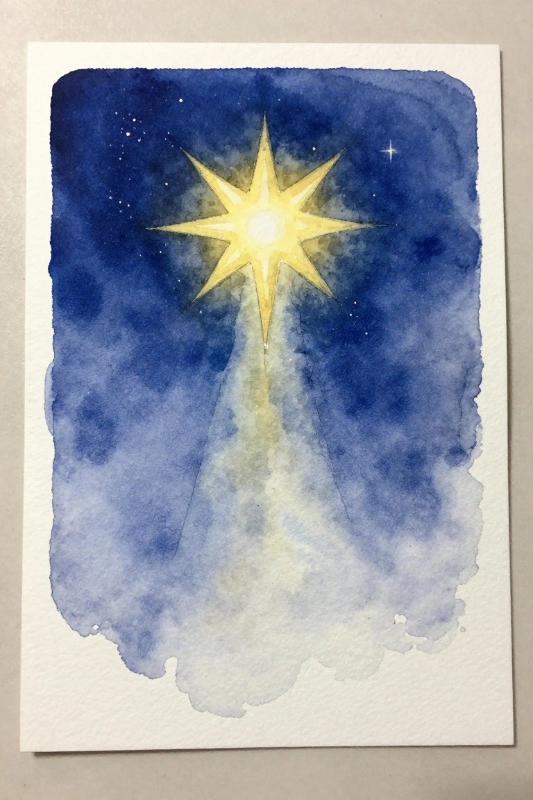 Watercolor of bright yellow eight-pointed star with light beam in dark blue cloudy sky.