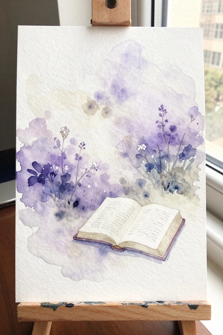 Watercolor of open book amid purple flowers on wooden easel