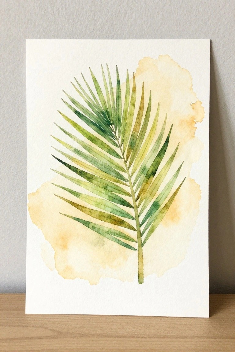 Watercolor palm frond in green tones on white paper with yellow washes on wood