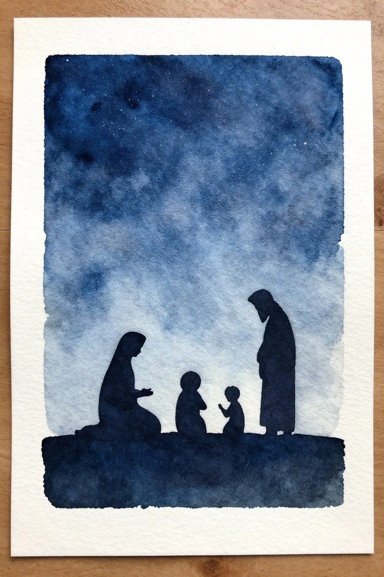 Black silhouettes of kneeling woman, standing man, and two children under starry blue sky