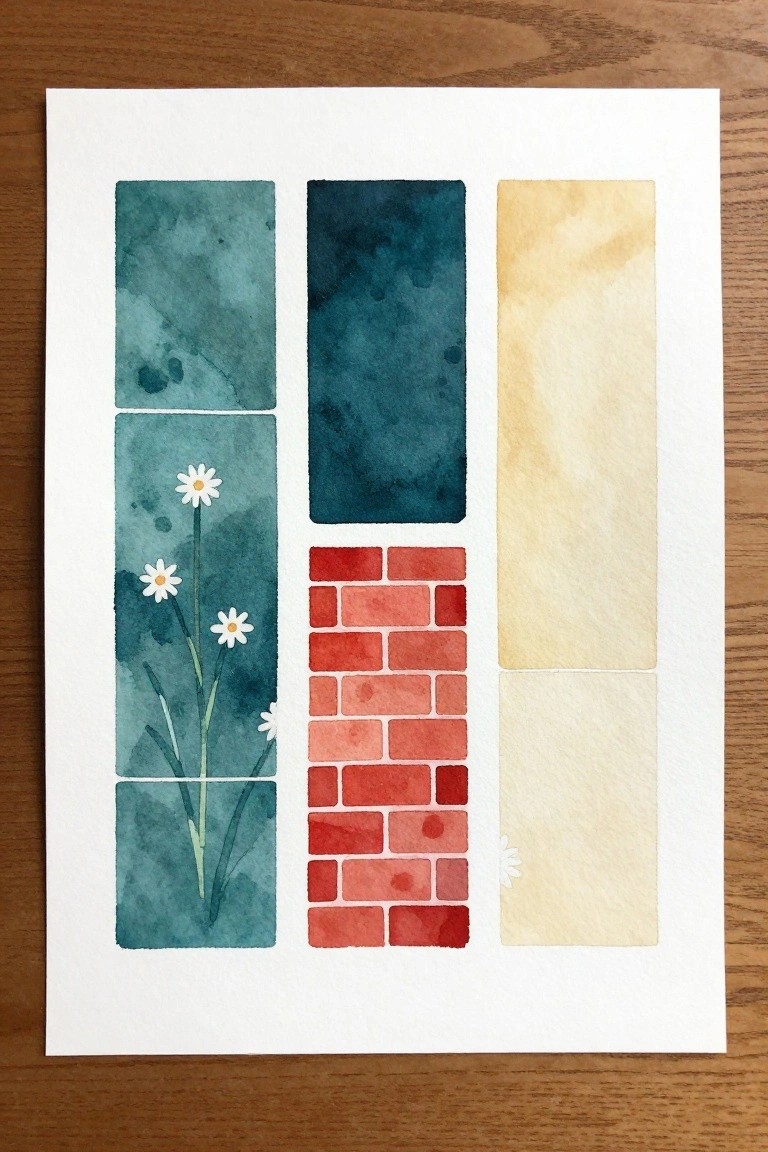 Watercolor panels of teal daisies, red bricks, and yellow washes on paper.