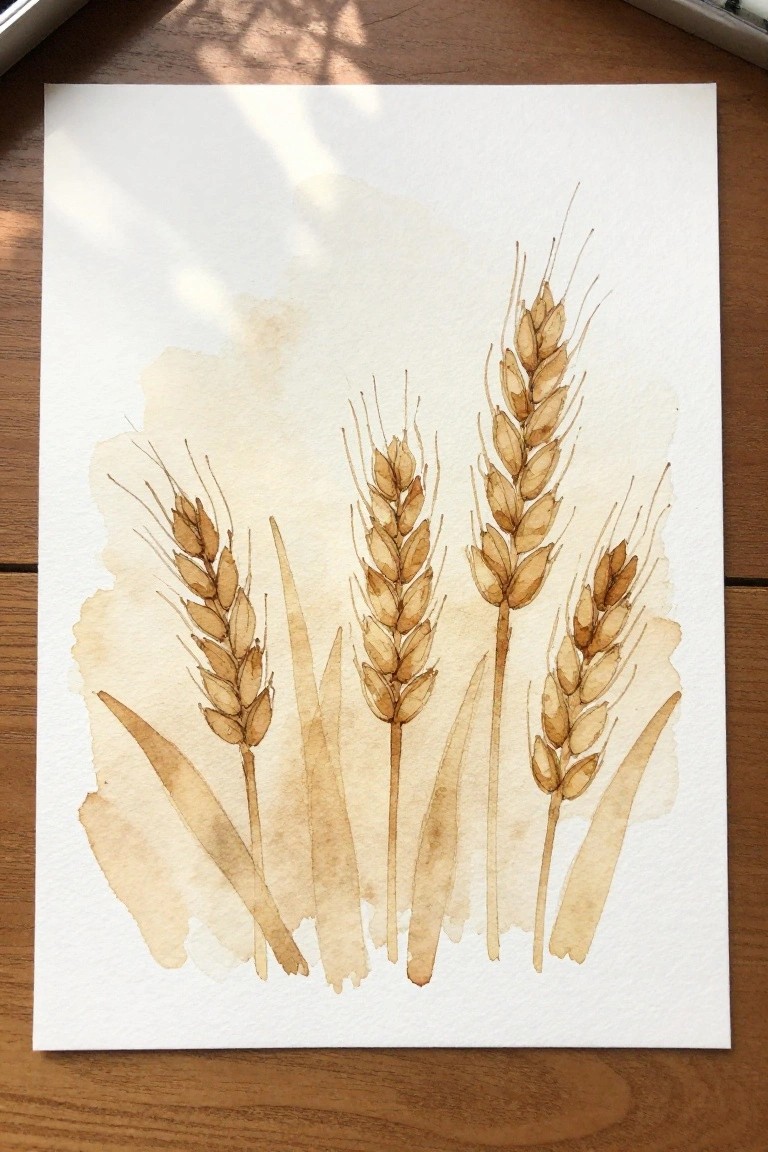 Watercolor painting of brown wheat stalks on white paper atop wooden table
