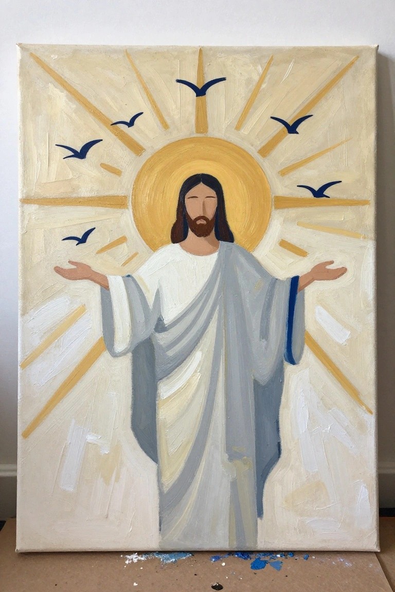 Jesus in white-gray robes with outstretched arms, golden halo, rays, and blue birds