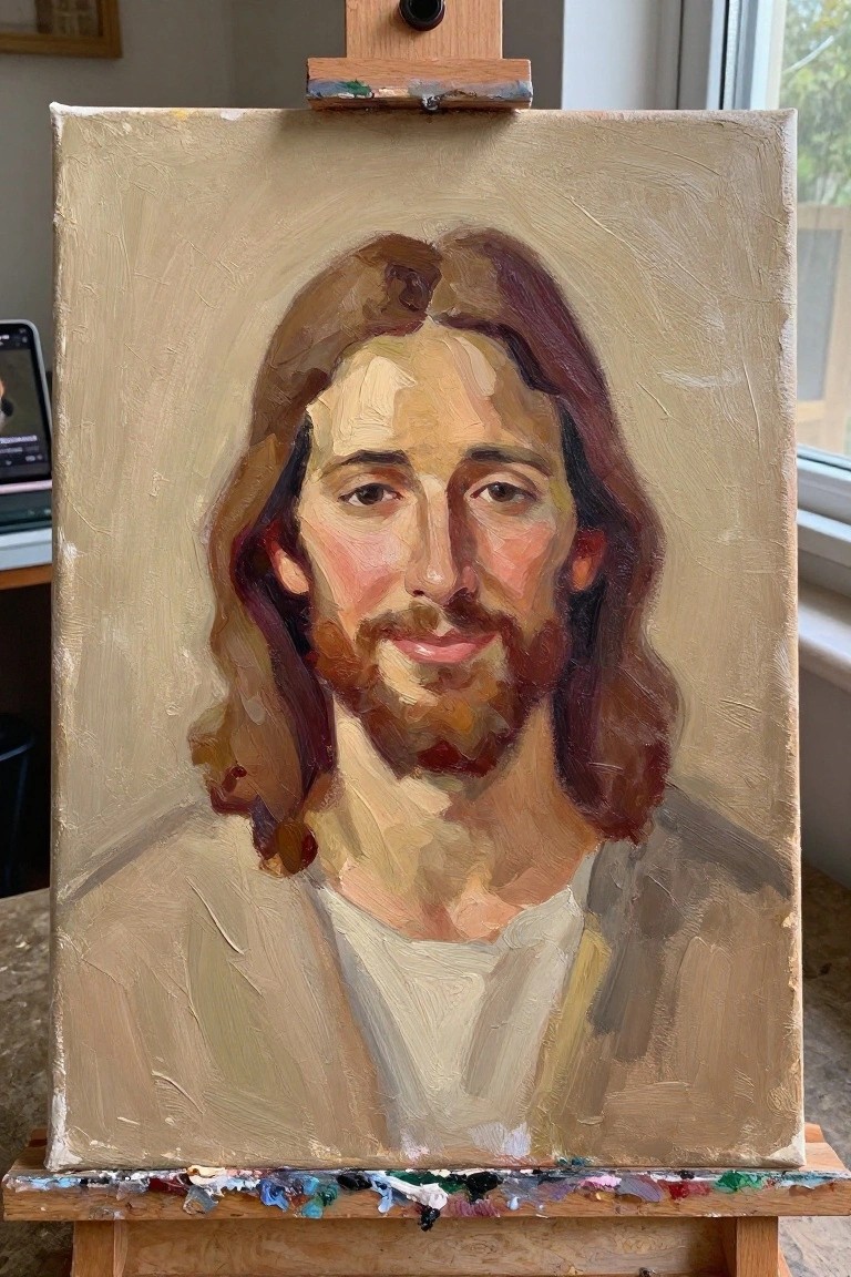 Impressionist oil painting of bearded Jesus in white robe on wooden easel