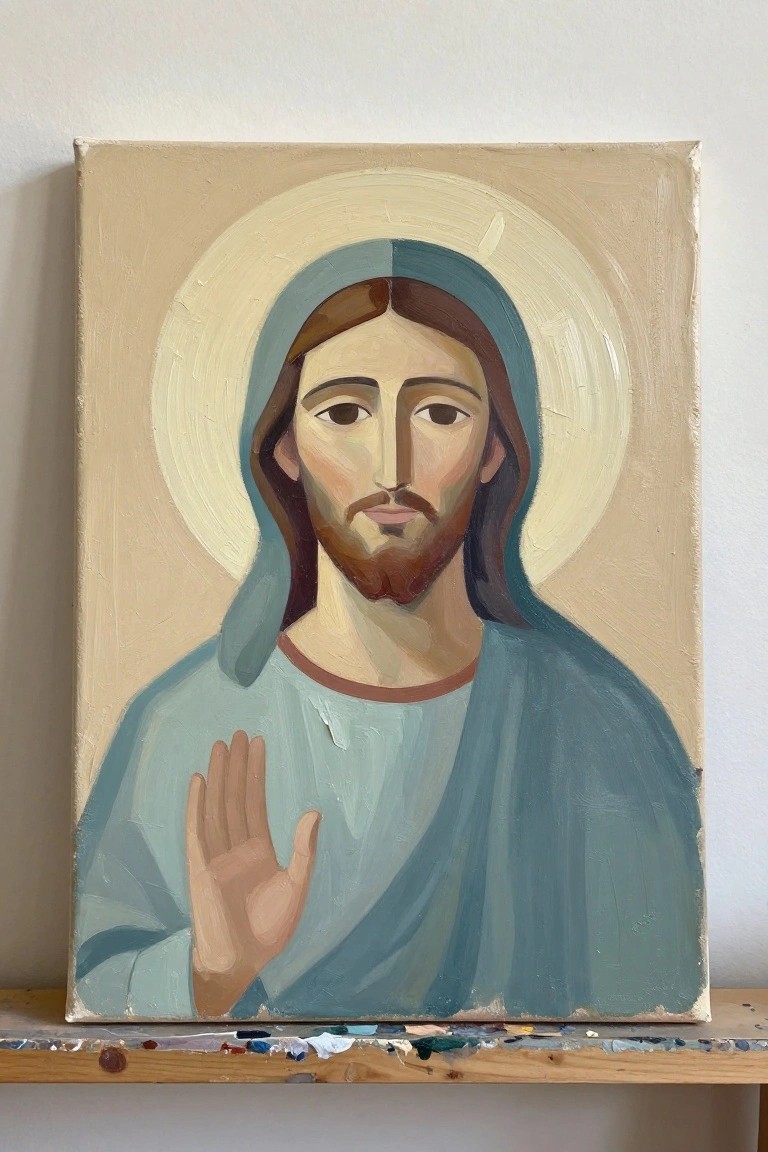 Oil painting of haloed Jesus in blue robe raising right hand in blessing