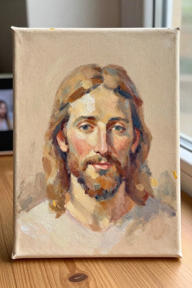 Impressionistic oil portrait of long-haired bearded man on beige canvas atop wood