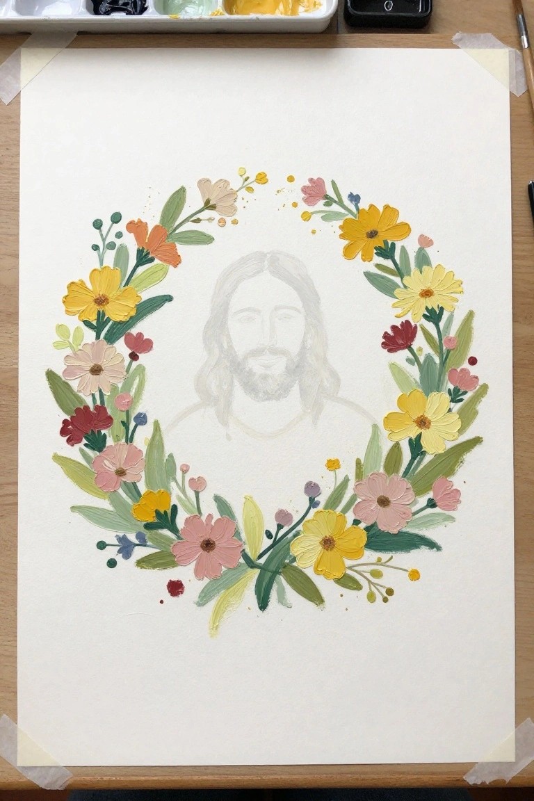 Watercolor floral wreath with yellow and pink blooms around faint Jesus sketch
