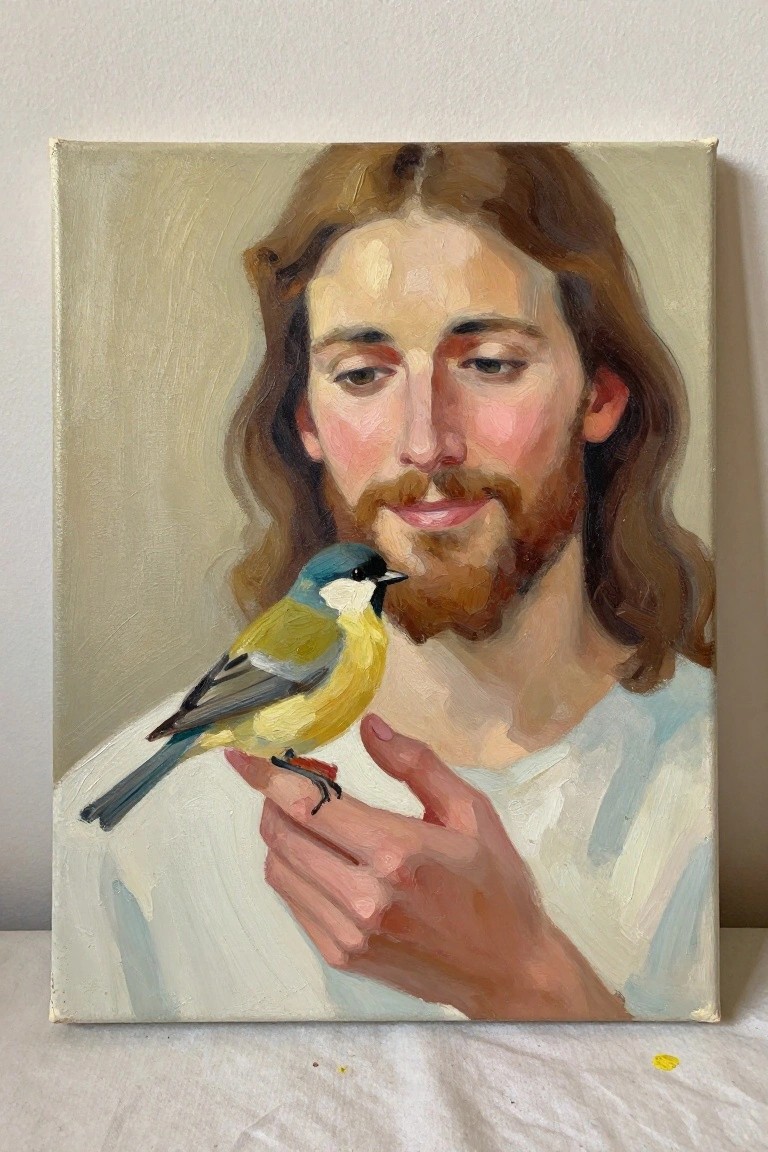 Oil painting of Jesus with long brown hair holding a yellow-blue bird on his finger.