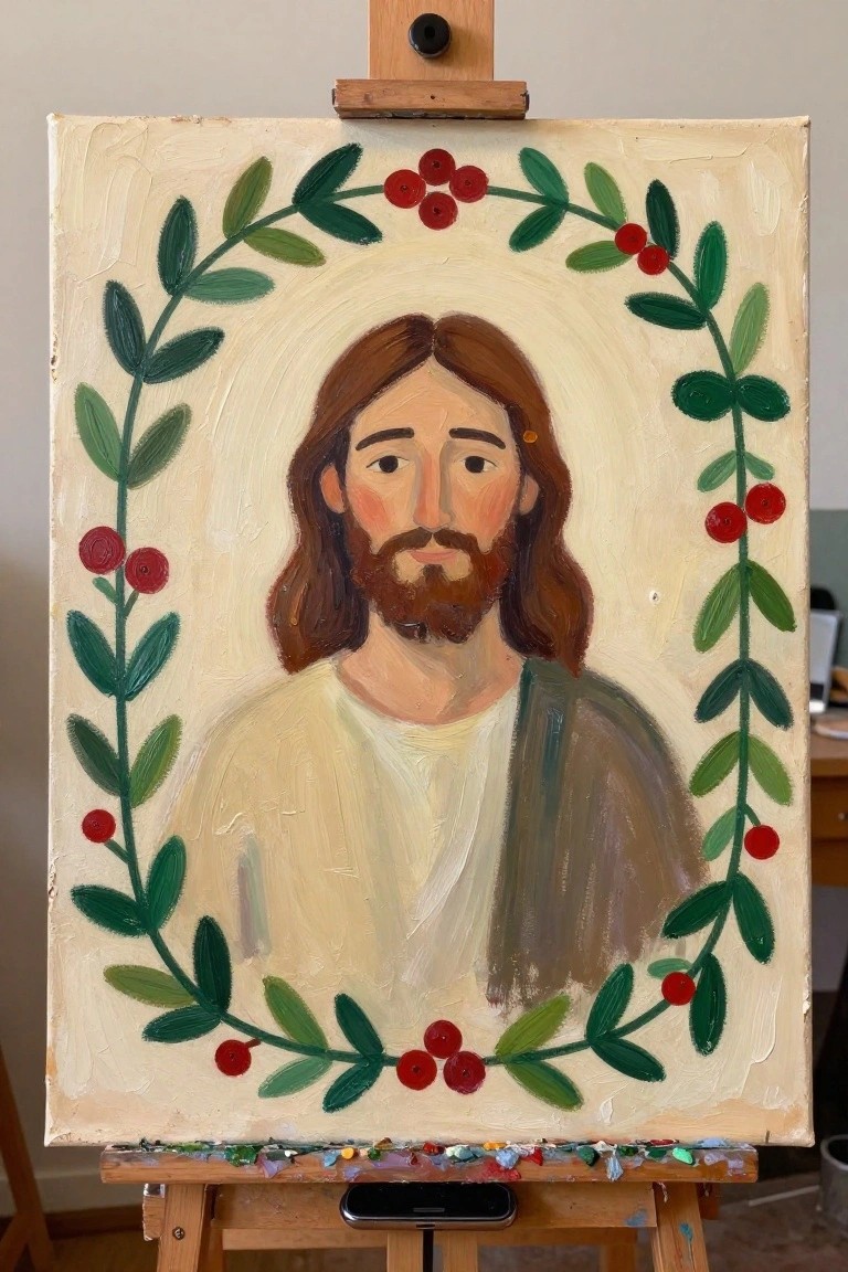 Oil painting on easel shows Jesus with long hair inside green leaf and red berry wreath