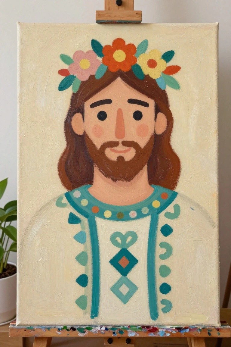 Folk-art portrait of bearded man with colorful flower crown and embroidered tunic on easel