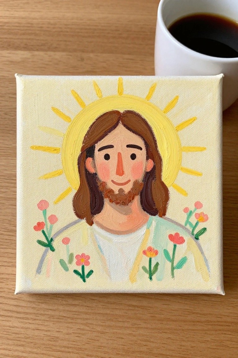 Vibrant painting of Jesus with halo and pink flowers beside white coffee cup on wood