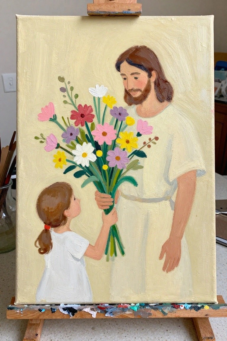 Young girl in white dress gives colorful bouquet to bearded man in robe.