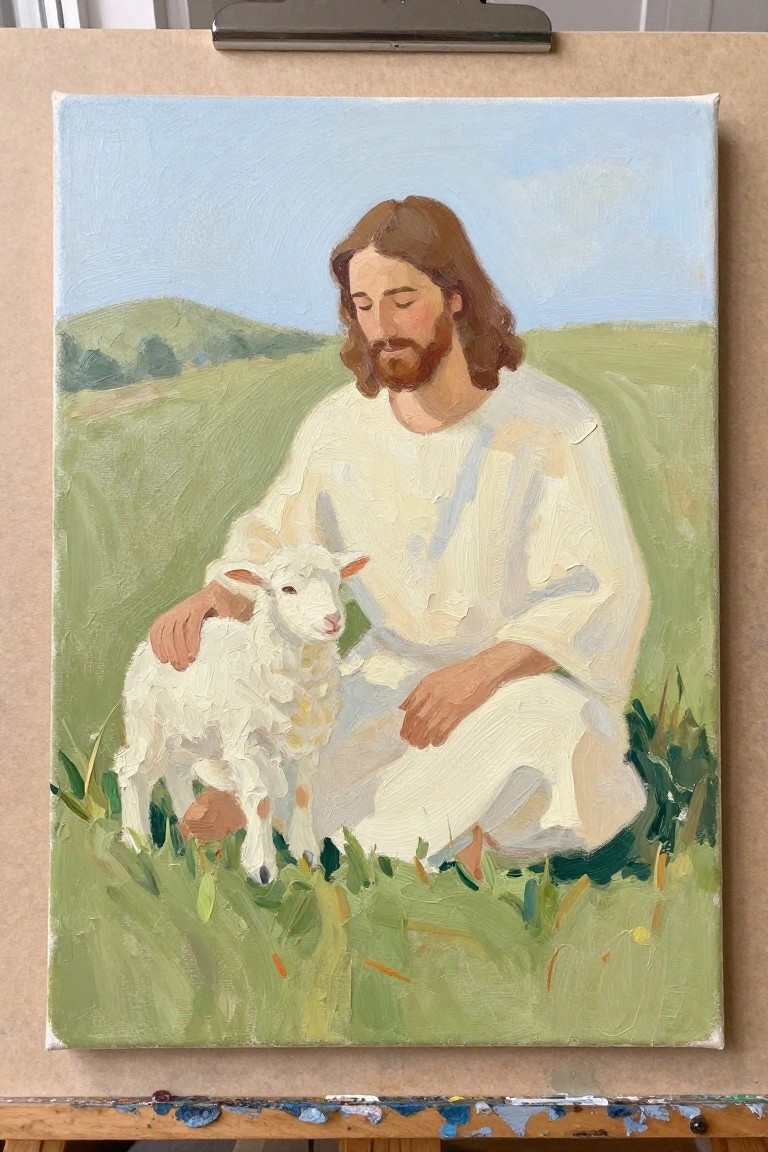 Oil painting of Jesus in white robes sitting in a grassy field with his hand on a white lamb.