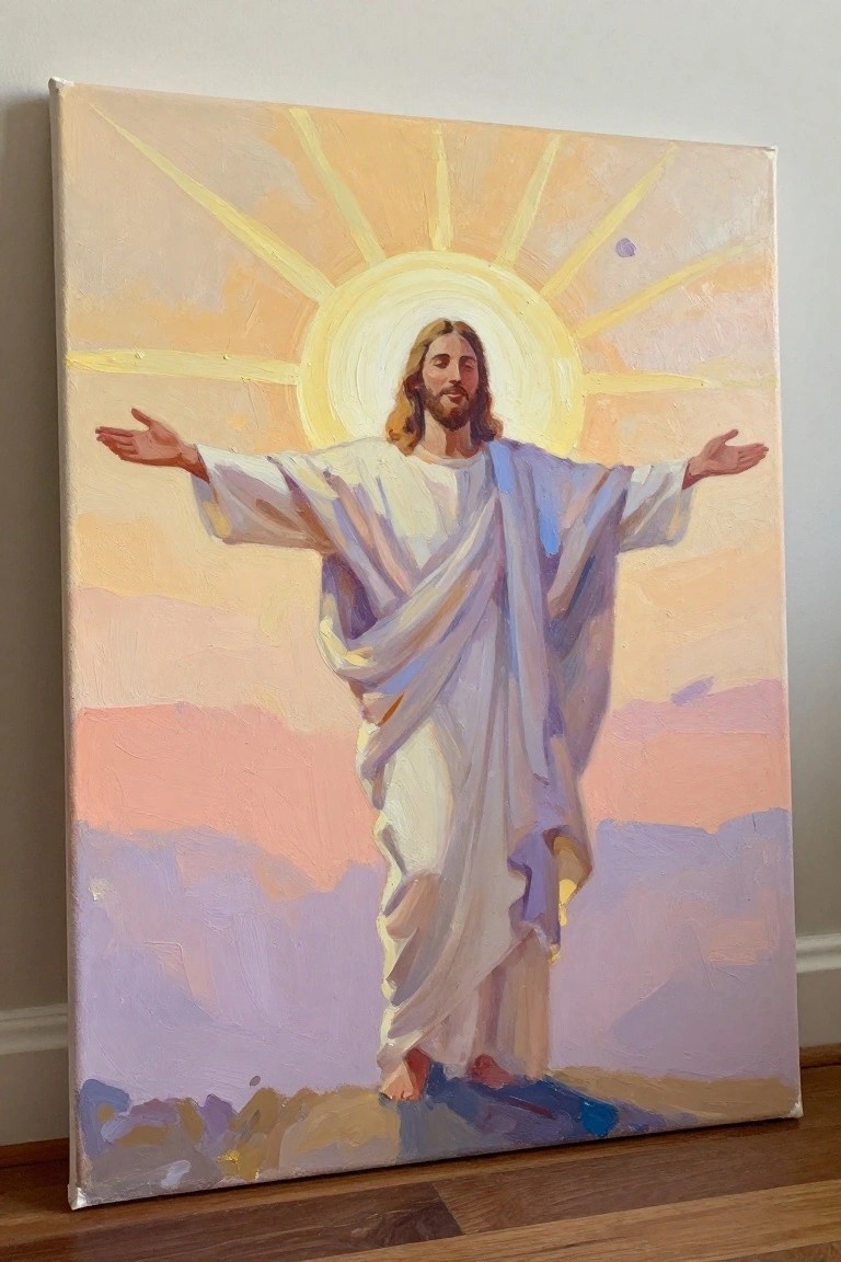 Jesus in white and blue robes with arms outstretched before a radiant sun.