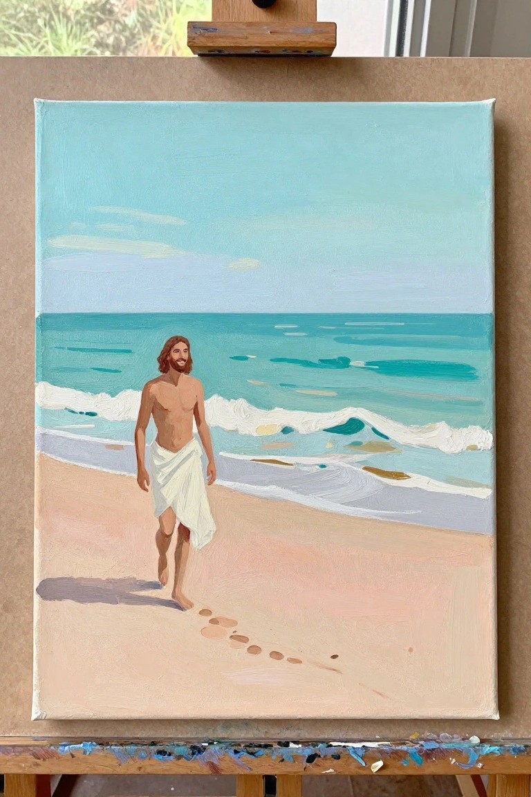 An oil painting of Jesus walking on a sandy beach with footprints behind him and ocean waves to his right.