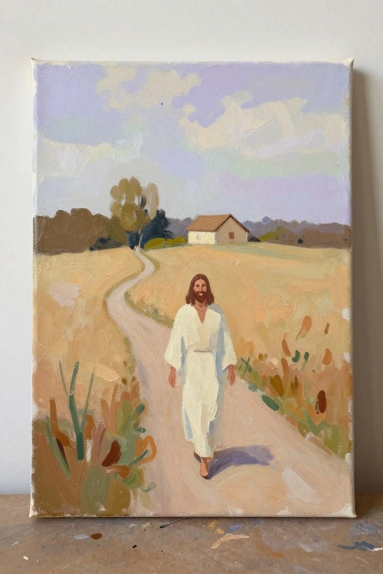 Jesus in white robes walks barefoot on winding path through golden fields to house