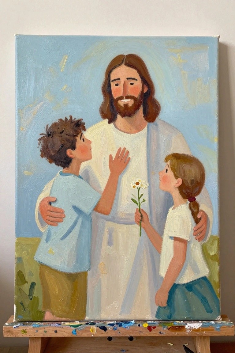 Oil painting of Jesus in white robe with boy in blue shirt and girl holding daisy.