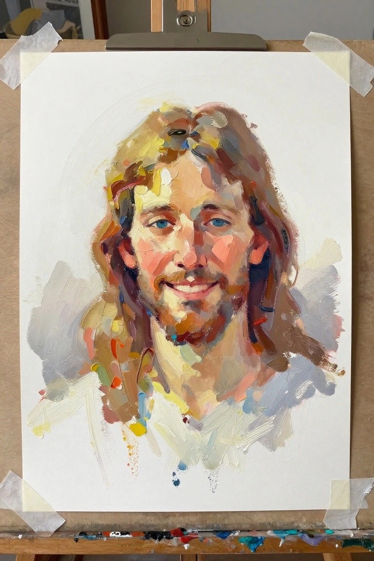 Colorful impasto portrait of smiling bearded man with long hair on easel