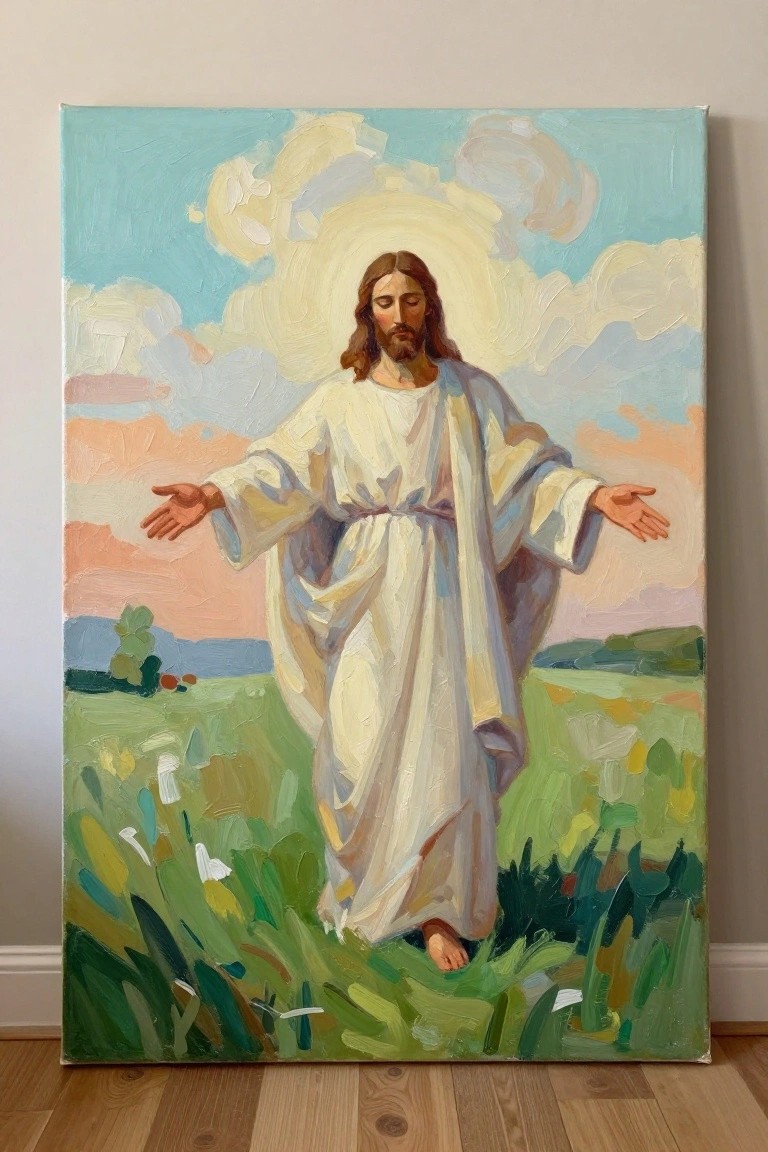 Jesus in white robe with halo, arms outstretched in vibrant green field under colorful sky