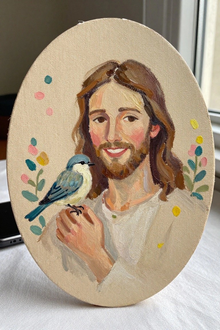 Oval oil painting of Jesus smiling with a blue and yellow bird perched on his hand and colorful dots and leaves along the sides.