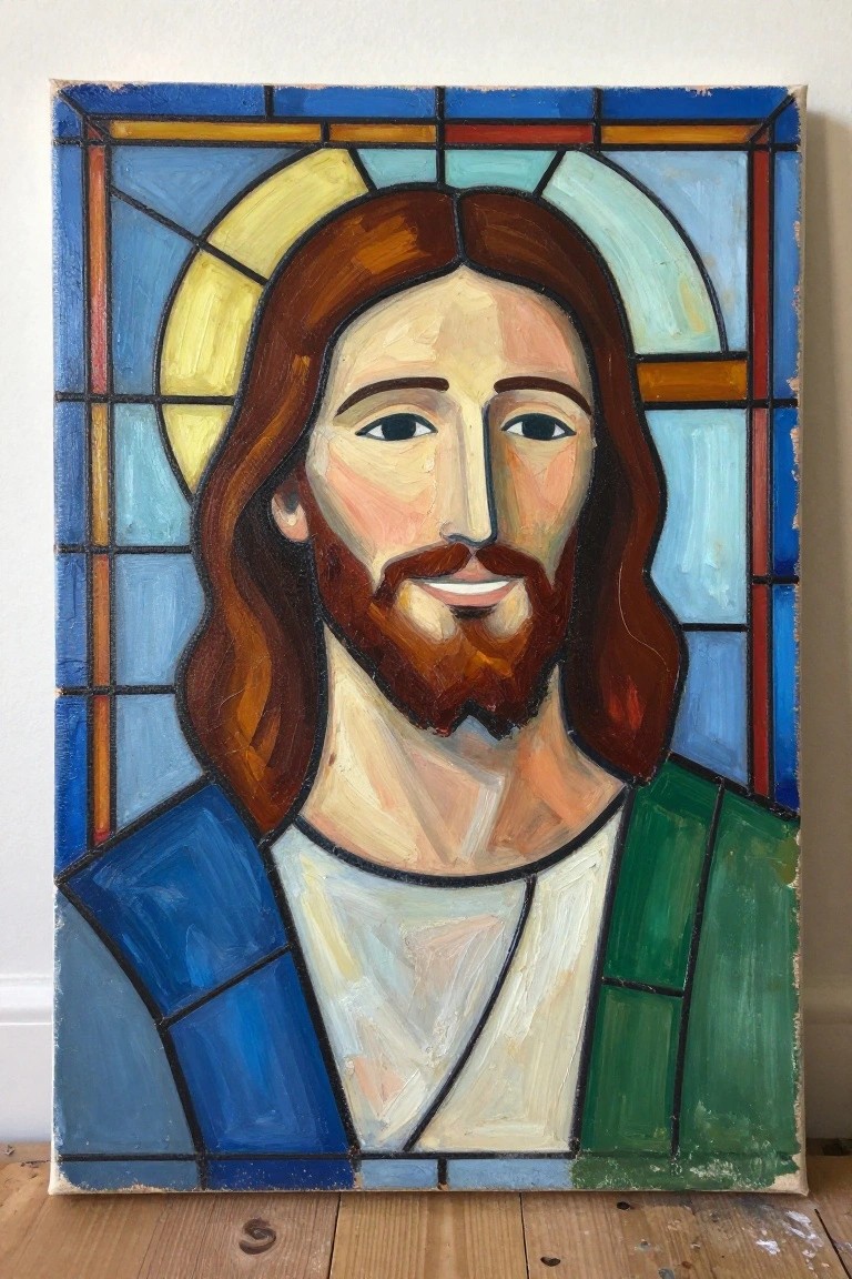 Stained glass painting of Jesus with brown hair, beard, blue and green robes, and halo