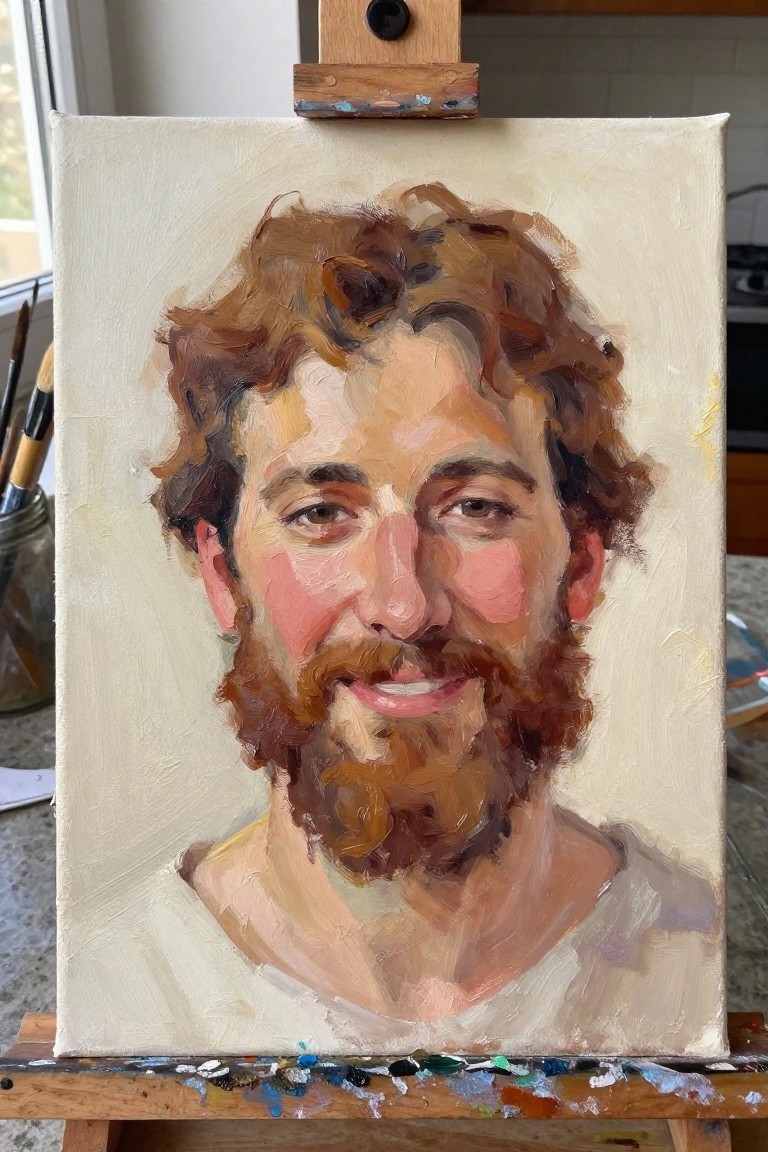 Oil portrait on easel of smiling man with curly brown hair and beard