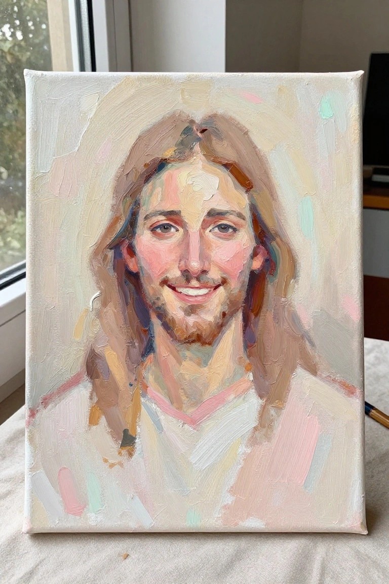 Impressionistic oil portrait of smiling long-haired man with beard in white shirt on canvas