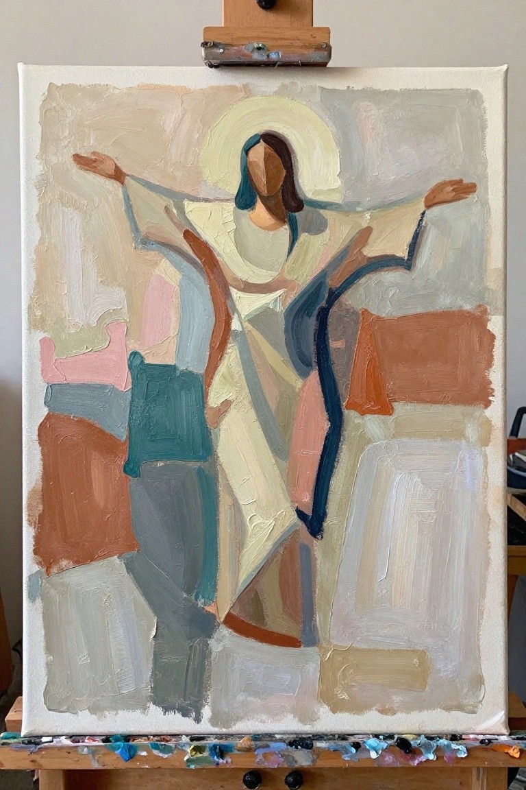 Abstract painting on easel shows haloed robed figure with arms outstretched amid geometric shapes