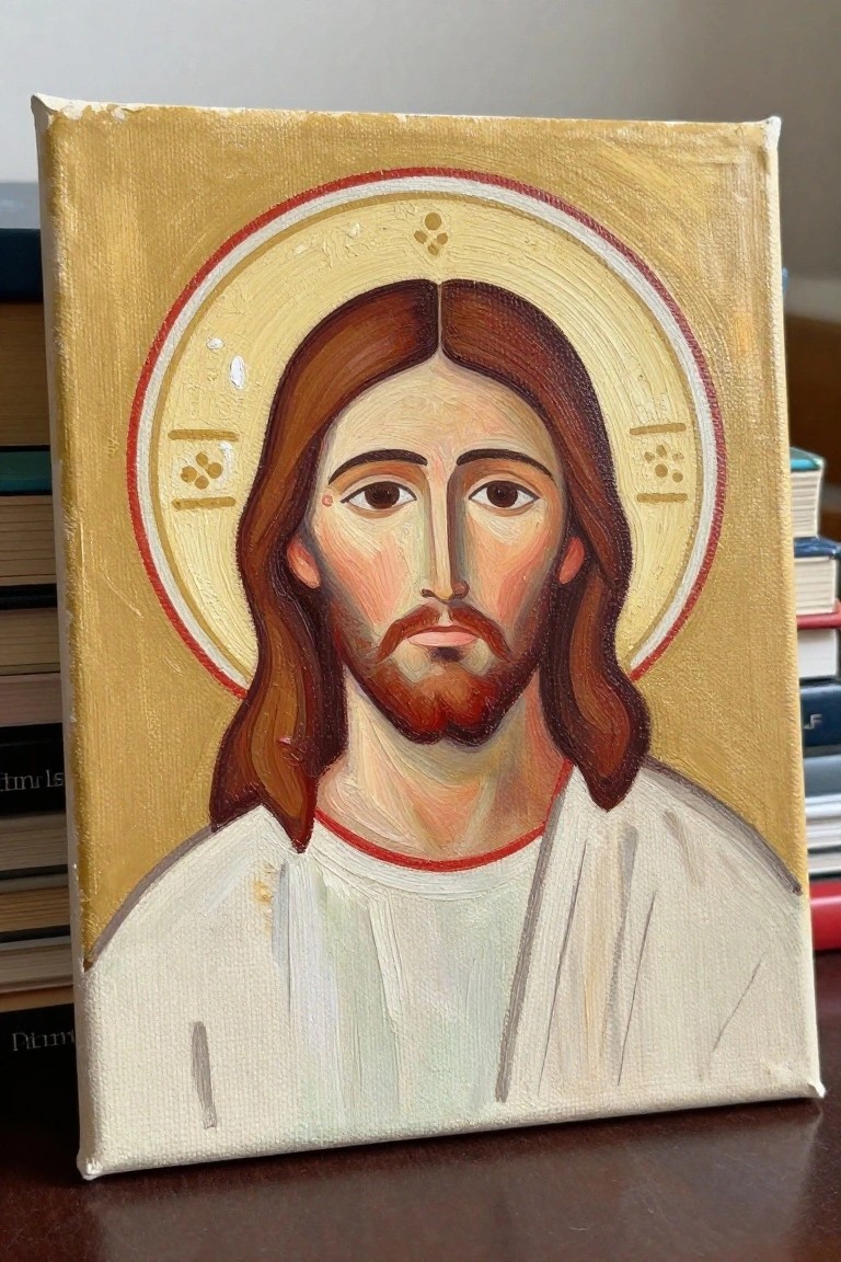 Oil painting of Jesus with halo in white robe, canvas against books
