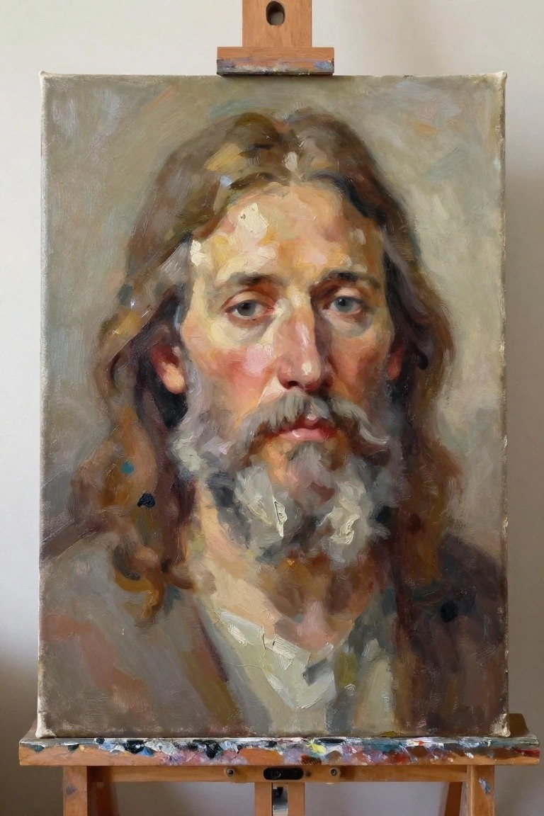 Oil painting of long-haired man with graying beard on wooden easel