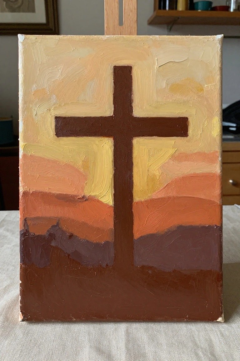 An oil painting of a dark cross against a warm sunset sky with orange and brown layered hills.