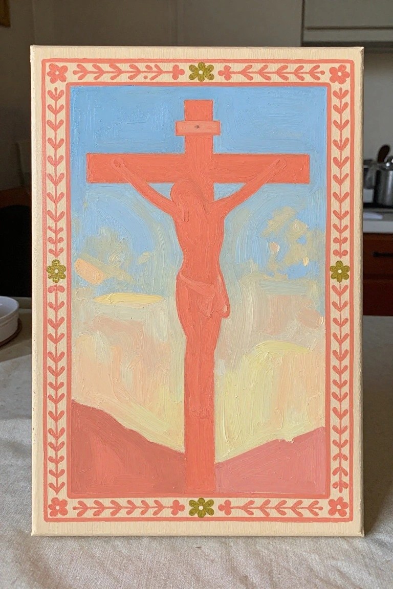 Orange Jesus on cross against blue sky with peach hills and pink floral border