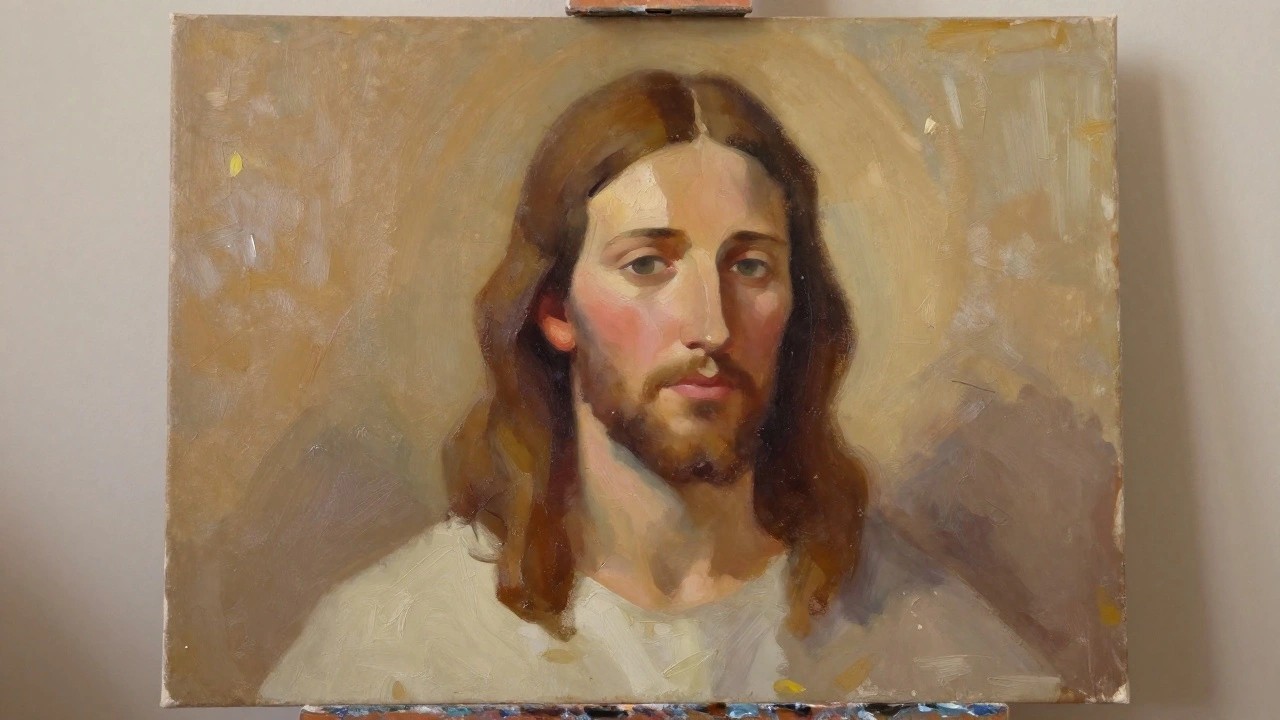 Oil painting portrait of a man with long brown hair, beard, and white shirt.