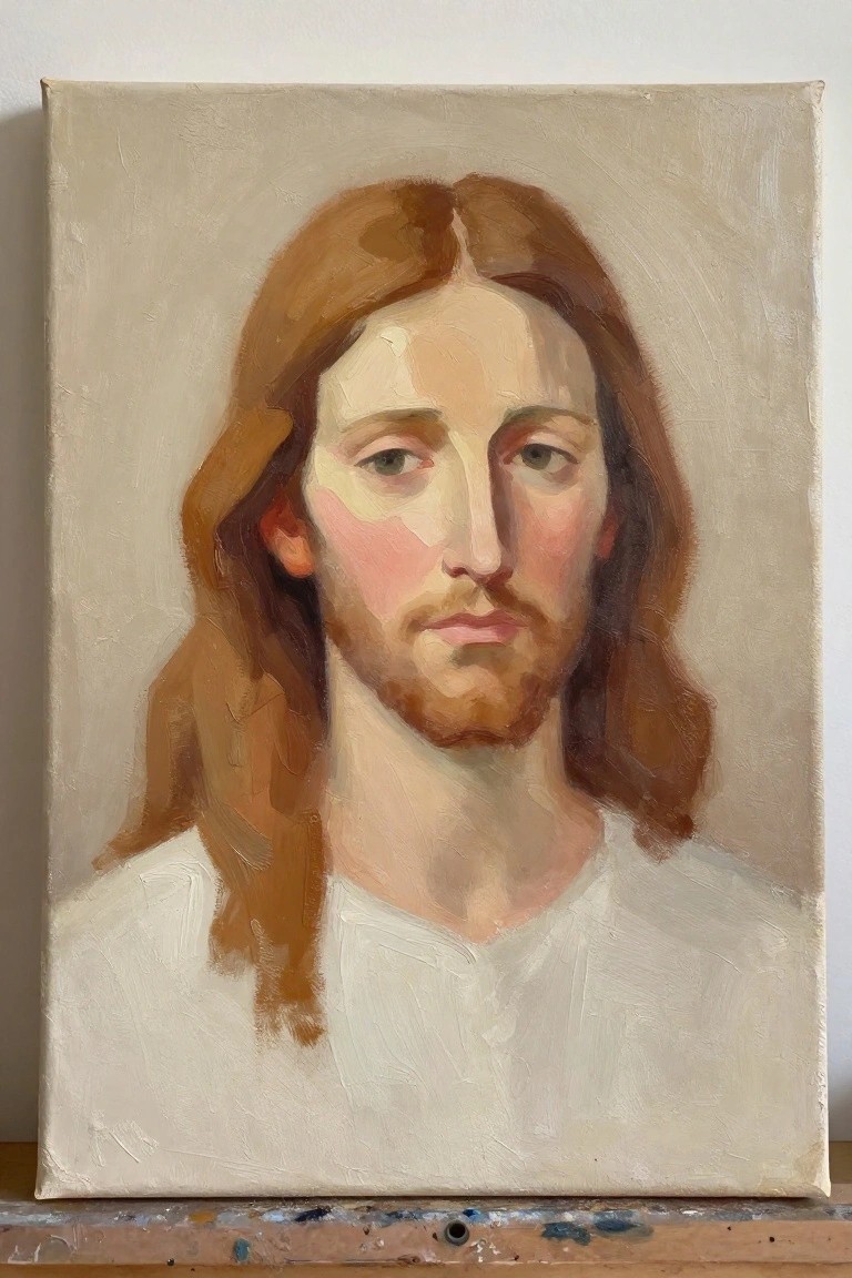Oil painting portrait of a man with long brown hair, beard, and white shirt.