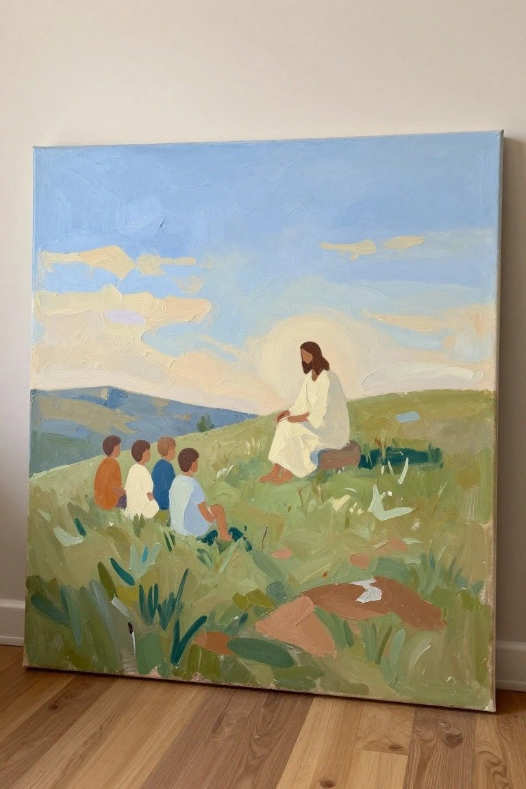 Impressionistic painting of Jesus in white robe with four children on grassy green hill under blue sky