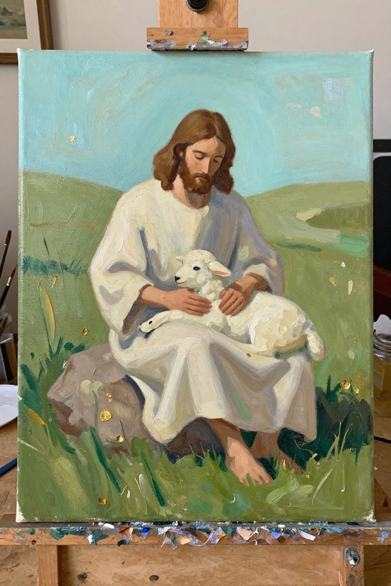 Bearded man in white robes cradling lamb on rock in green field under blue sky.