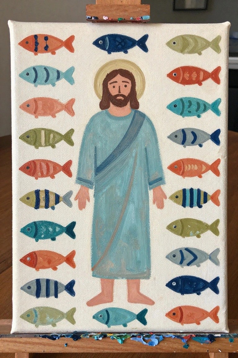 Jesus in blue robe with halo amid colorful fish on canvas easel