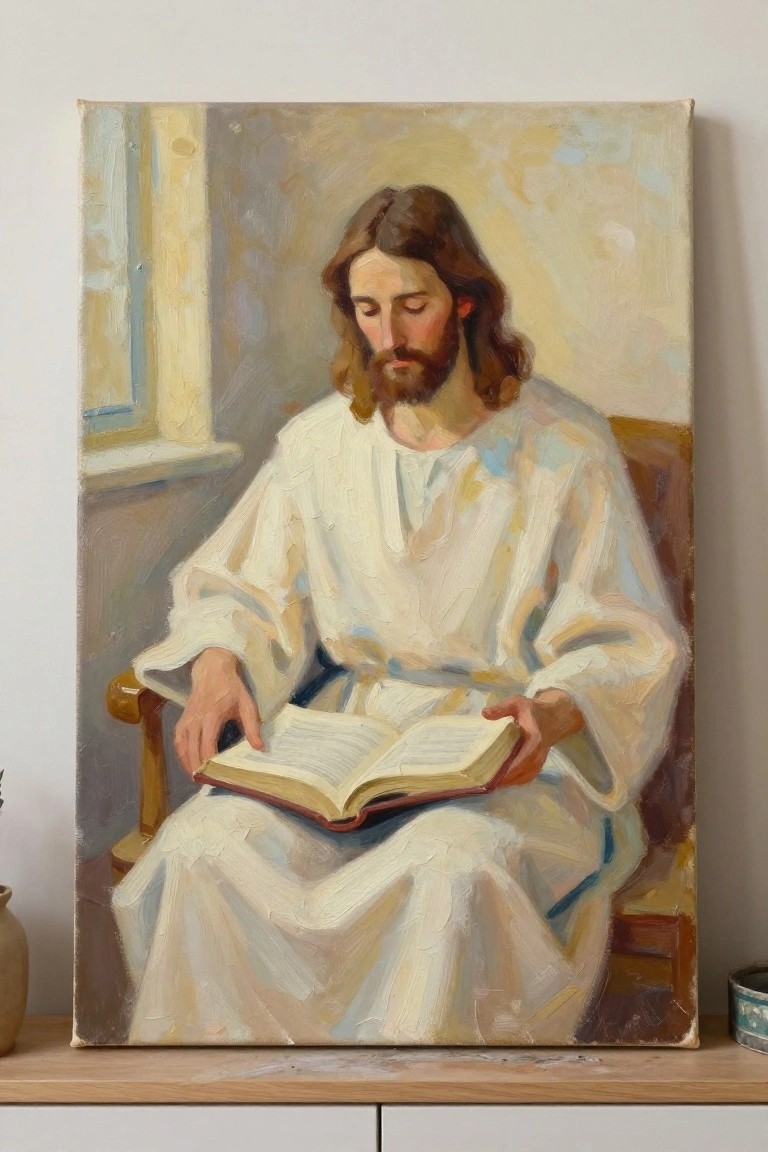 Jesus in white robe seated reading open Bible near sunlit window.